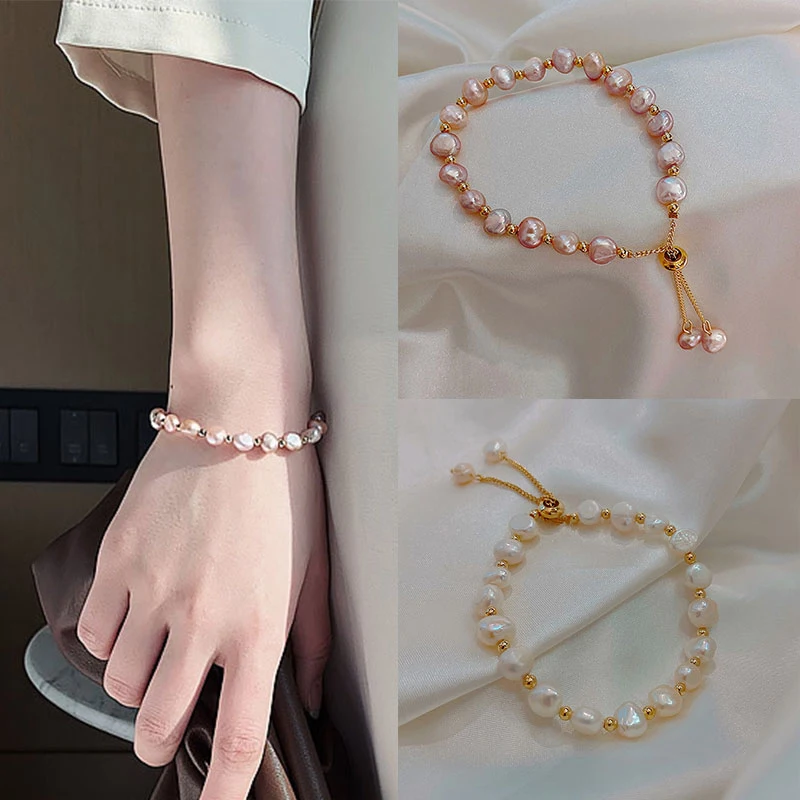

Women Handmade Vintage Luxury Natural Pearl Bracelet Classic Chain Link Bracelet Fashionable Baroque Women's Bracelets