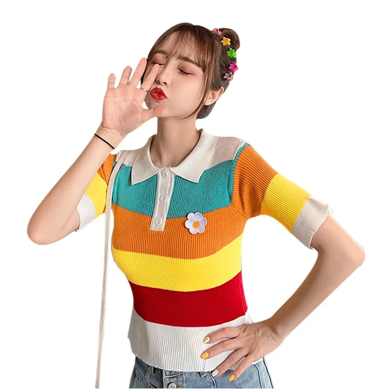 

Top Women's Fresh Style Turn-down Collar Contrast Color Striped Short Sleeve Knitted Polo Shirt camisetas verano mujer