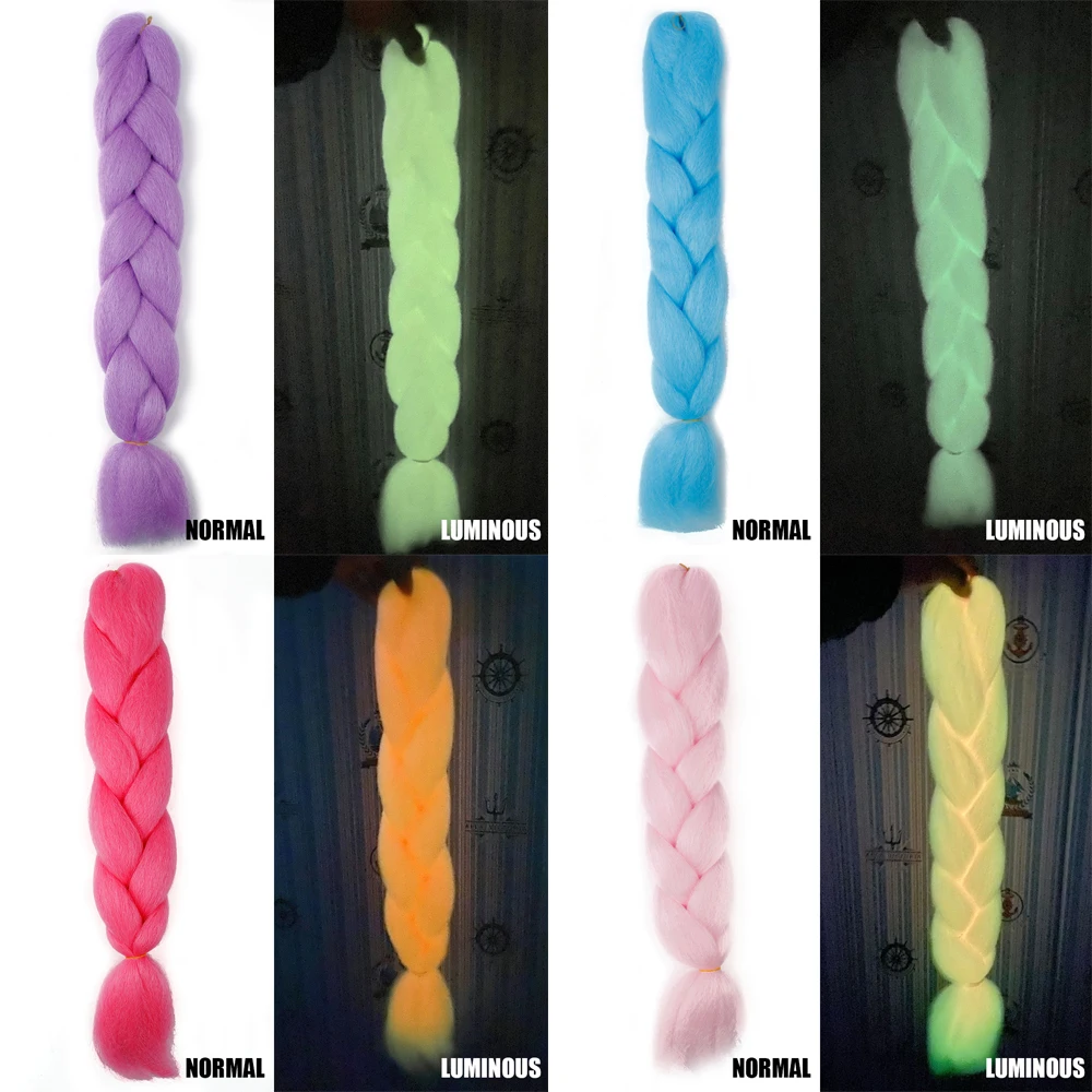 Neon Glowing Hair Florescent Light Braiding Hair Synthetic Jumbo Braids Shining Hair in the Darkness 24inch 100g kanekalon