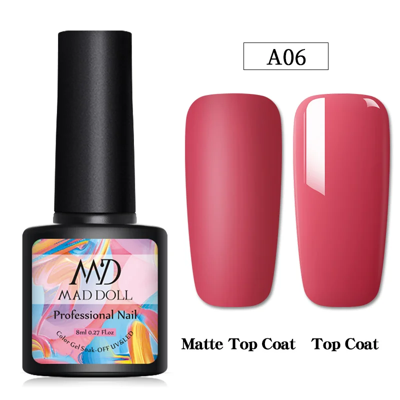 A06 2 бутылки 8 мл MAD DOLL УФ-гель для ногтей чистый цвет и Блестящие Блестки долговечный впитывающий Гель-лак для нейл-арта - Цвет: A06