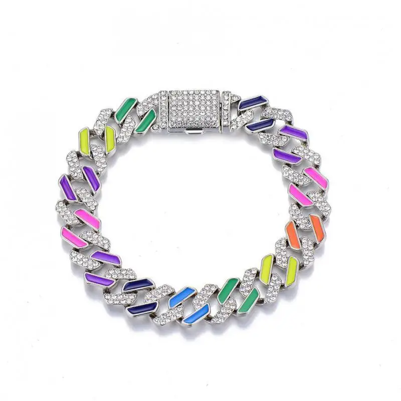 

12mm Iced Out Cuban Link Chain Bracelet For Men Women Crystal Neon Colorful Green Pink Enamel Anklet Bangle Rainbow Jewelry 10"