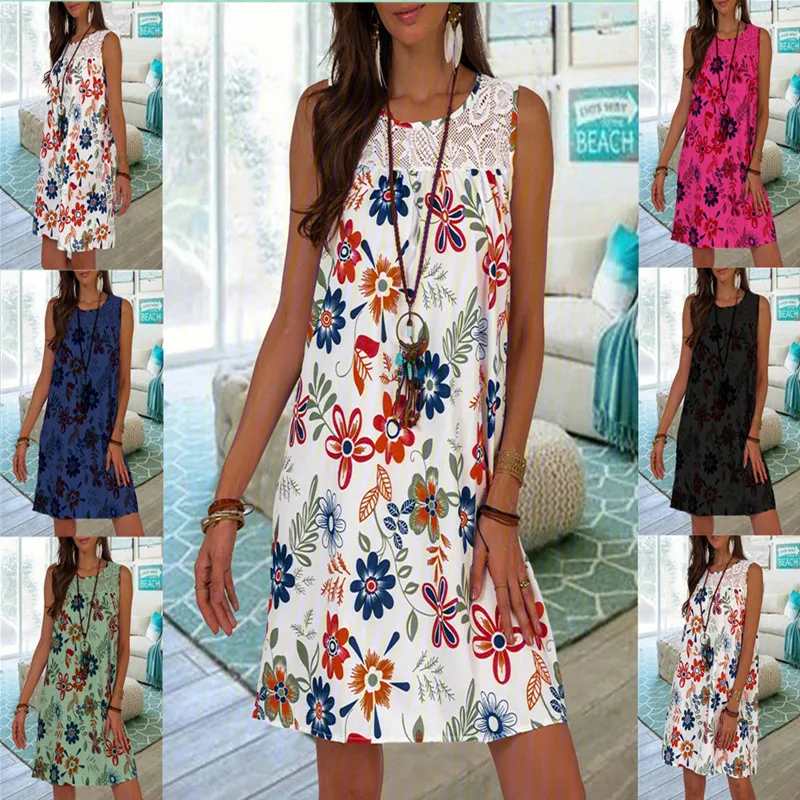 

Women Dress 2022 Summer Floral Print Lace pitctching Dress Tank Dress