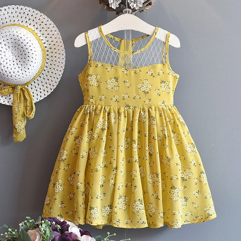 AZ1405 Yellow Menoea/Модная одежда для девочек; новые летние платья для девочек; милое плиссированное платье с цветочным рисунком; шифоновое богемное платье с кепкой; платье принцессы - Цвет: AZ1405 Yellow