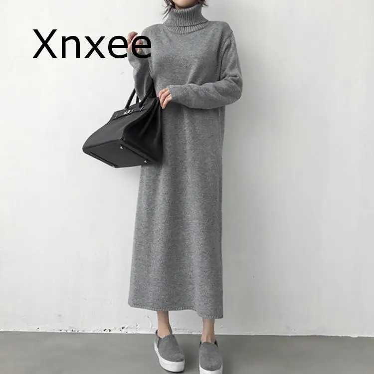 

turtleneck thick knitting long Winter black Sweater Dress Women A Line thick Knit Long Dress female Loose girl dress