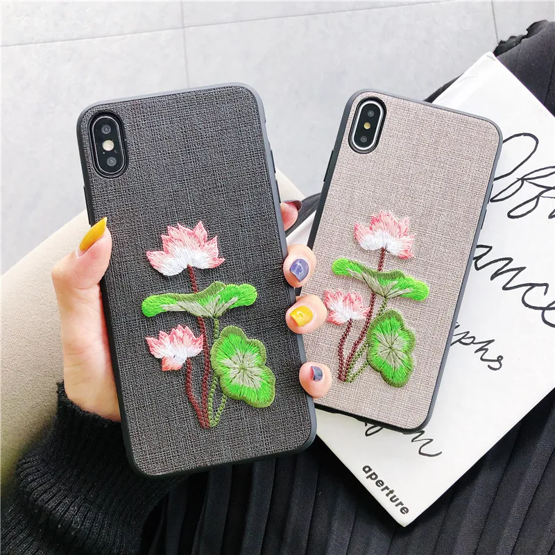 Чехол с 3D вышивкой лотоса для iPhone 11 Pro Max XS X XR 7 8 Plus 6 6s + чехол из ткани рельефной