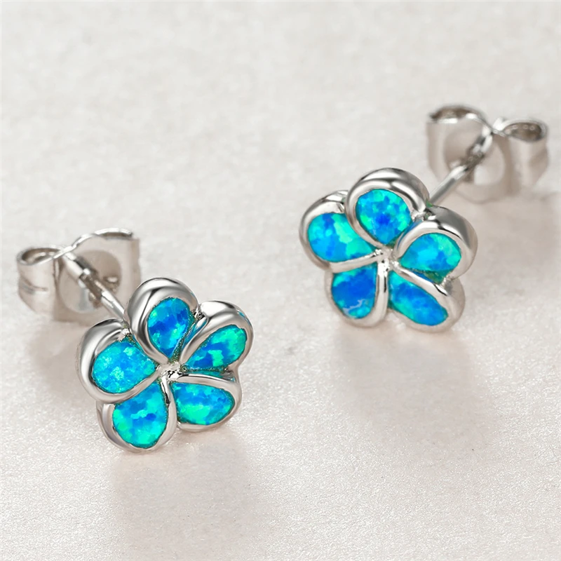 

Luxury Female Blue Opal Stone Earrings Charm Silver Color Small Stud Earrings Dainty Bride Flower Wedding Earrings For Women