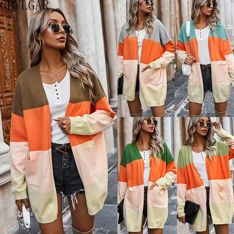 

Women Casual Long Sleeve Color Block Striped Warm Knitted Sweater Female Cardigan Sweater Winter Pockets Open Stitch Jacket