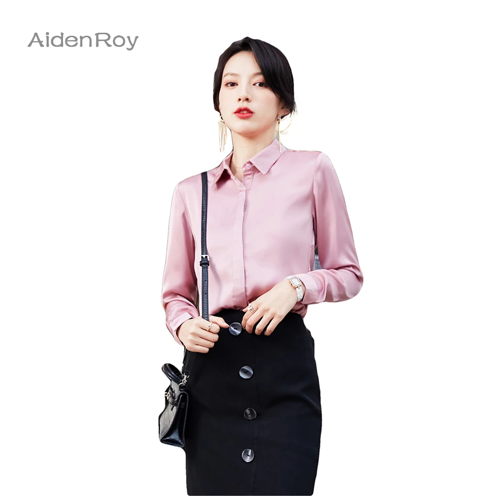 

New 2021SS Pink Gray Blouse Long Sleeve Button Up V-Neck Women Elegant Tops and Blouses Solid Color Office Lady T-Shirt S-4XL