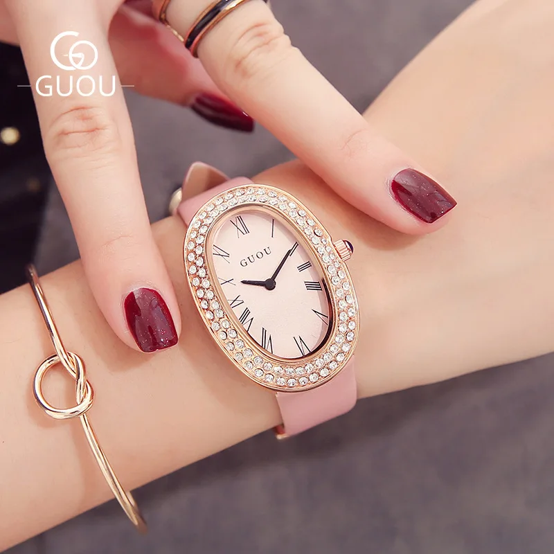 

OVAL DIAL LADY STUDENT WATCH DIAMOND RECREATIONAL BELT QUARTZ LWOMAN DRESS WATCH