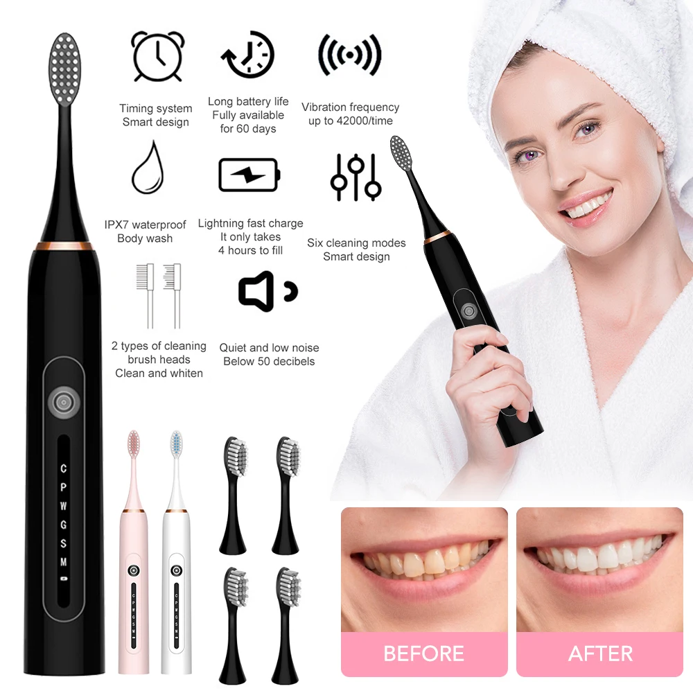 

X7 Sonic Electric Toothbrush Adult Timer Brush 6 Mode USB Charger Rechargeable Tooth Brushes Replacement Heads Set with 4 Heads