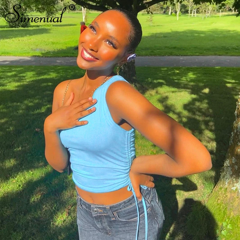 

Simenual Drawstring Ruched One Shoulder Tank Tops Women Fashion 2021 Sleeveless Baddie Clothes Skinny Streetwear Crop Top Casual