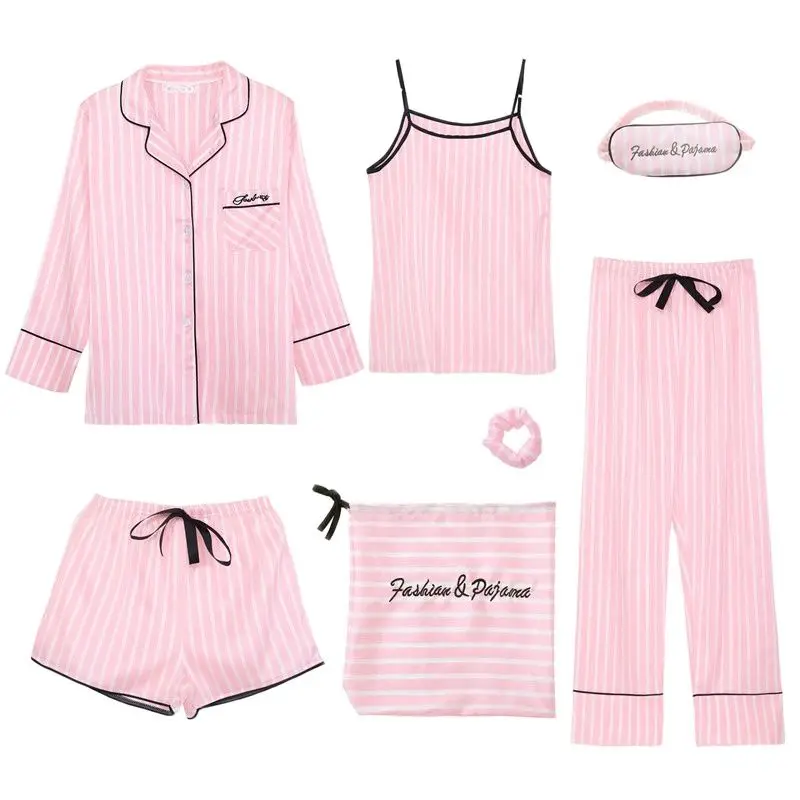 

Женский пижамный комплект из 7 предметов, розовая полосатая пижама из искусственного шелка, комплект для сна, домашняя одежда для весны и ле...