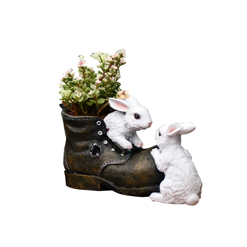 

TWO CUTE GREY BUNNY PLAYING IN SHOES STATUE FLOWER POT PARK LANDSCAPE HOME RESIN SCULPTURE FLOOR VASE GARDEN DECOR COURTYARD