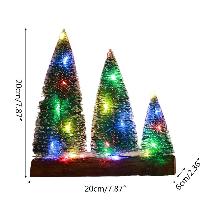 

3 Pieces Artificial Christmas Tree with Faux Wooden Base Colorful LED Lights Mini Desktop Xmas Miniature Frosted Snow Cedar