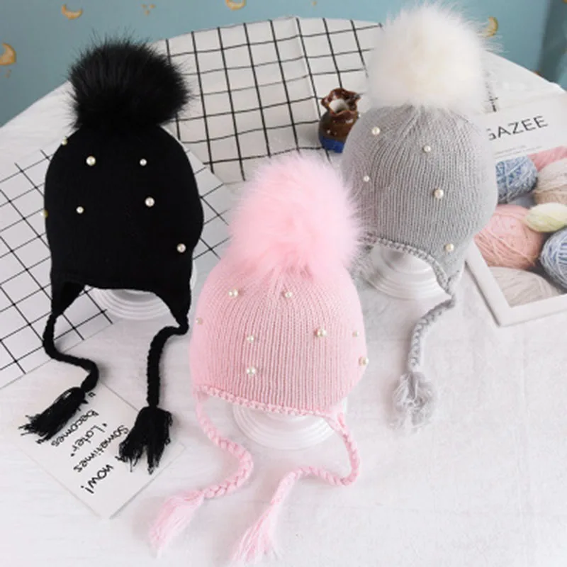 Pearl Pom Fur Ball Baby Winter Hats For Girls Kids Hat Ear Warm Lace-Up Cap Casquette Enfant Girl Newborn Bonnet | Детская одежда и