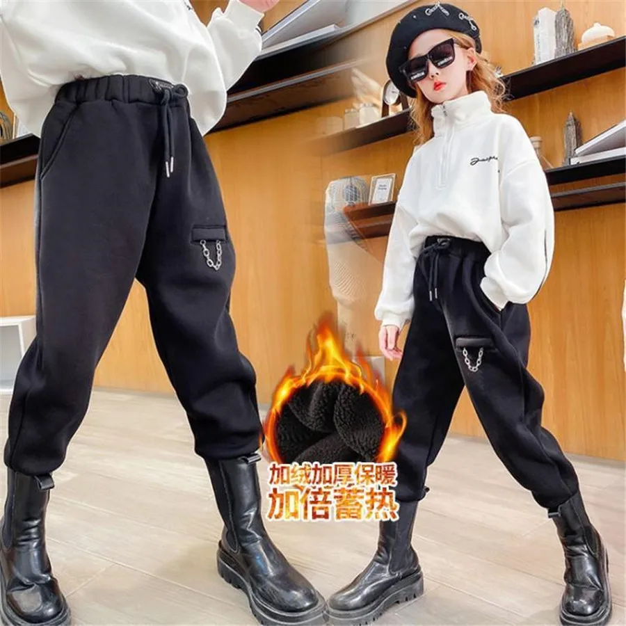 

Teens Girls Winter Pants Fleece Thicken Children's Trousers Black Sports Pants Warm Girls Cargo Pants For Kids 8 10 12 14 Years