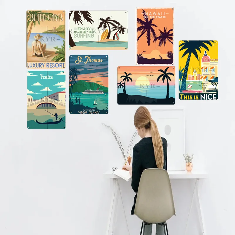 

Винтажный летний Металлический Настенный декор для пляжа, яркого цвета, для приморского клуба, бара, художественная живопись, постер для со...