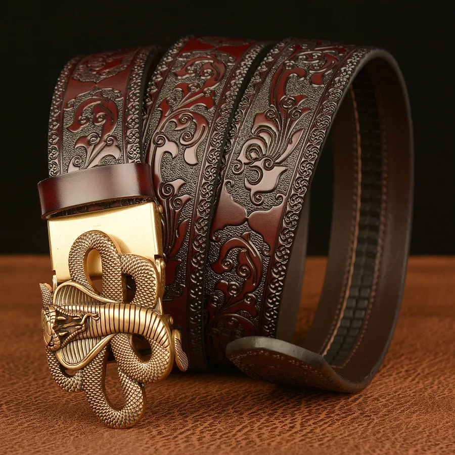 

Personality Carved Cobra Automatic Buckle Men Belt Luxury Genuine Leather Male Vintage Jeans Straps Belt