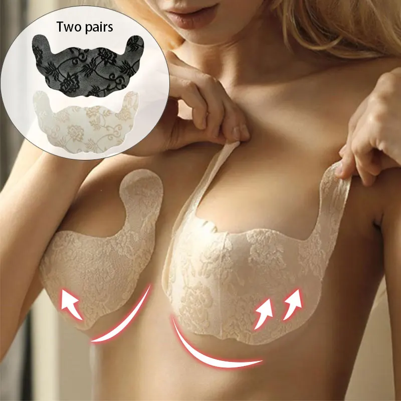 

Women Self Adhesive Strapless Front Closur Blackless Solid Bra Lace Stick Gel Push Up Women's Underwear Invisible Bra Big Size