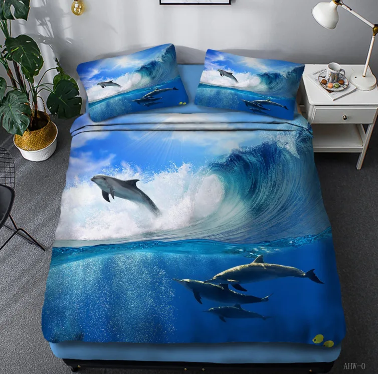 

3D Bedding Set Sea Dolphin Blue Duvet Cover Children Kids Bedoom Decor Bedclothes Pillowcases Queen Double King Size Bed Linen