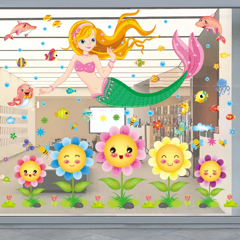 

[SHIJUEHEZI] Sunflowers Plants Wall Sticker DIY Girl Mermaid Fish Wall Decals for Home Living Room Kids Bedroom Decoration