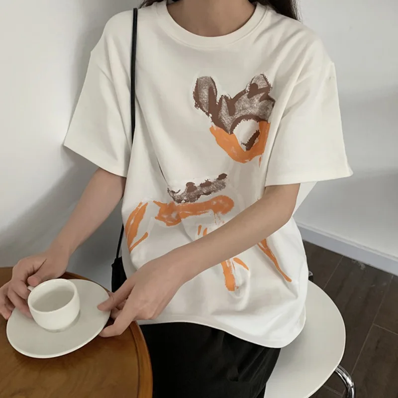 

Summer Women Top T Shirt Sweet Cute Cartoon Print Tee Loose Casual Round Neck Short Sleeves T-shirt Dropshiping