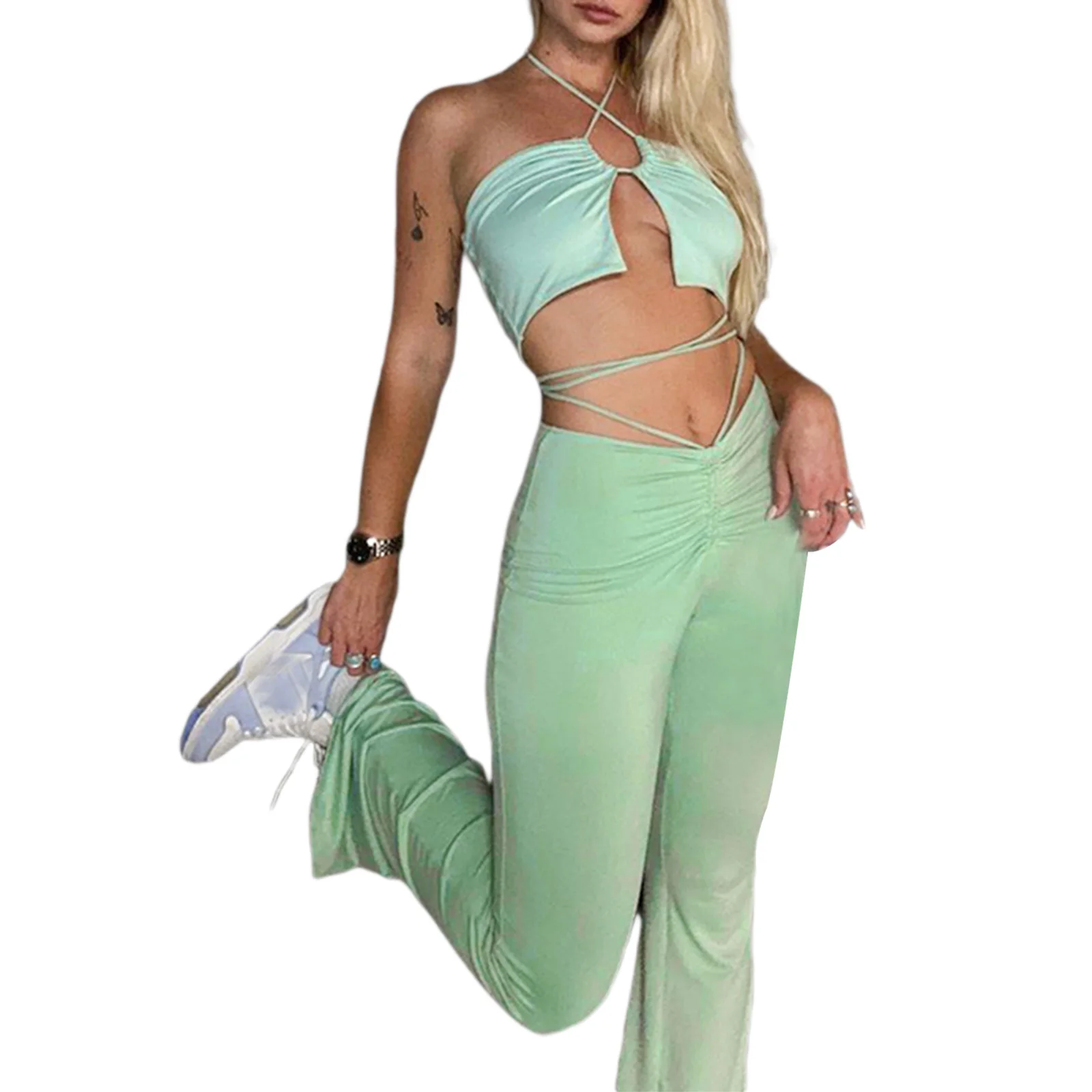 

2021 Fashion Sexy Mint Green Lace Up 2 Piece Set Women Summer Casual Outfit Sport Suit Crop Top+Slim Fit Pants Streetwear