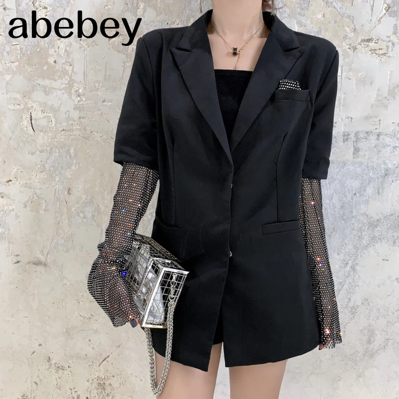 Летний однотонный блейзер для женщин с длинным рукавом со стразами в стиле