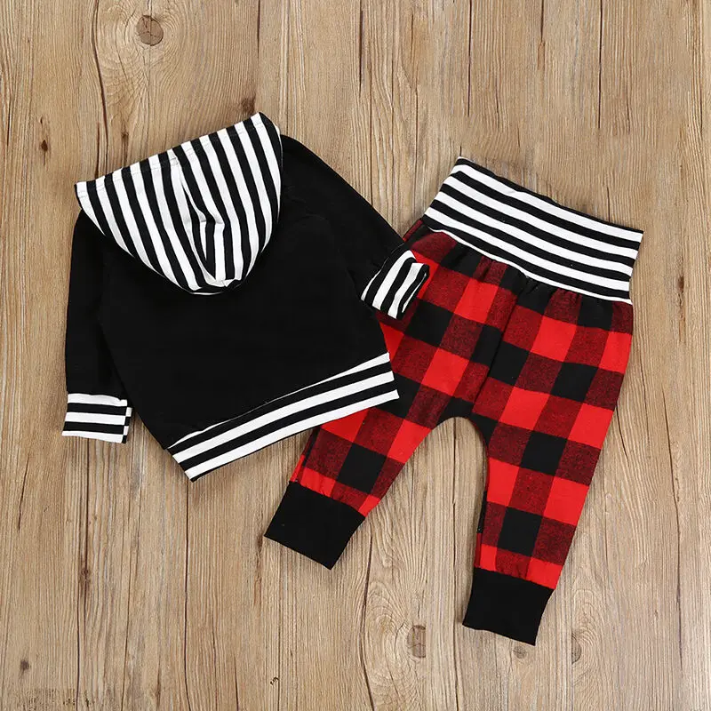 Christmas Clothes set for Baby Boys Girls Newborn Xmas Clothing Set Striped Pocket Hoodie Tops+ Plaid Pants Outfits Set Clothes