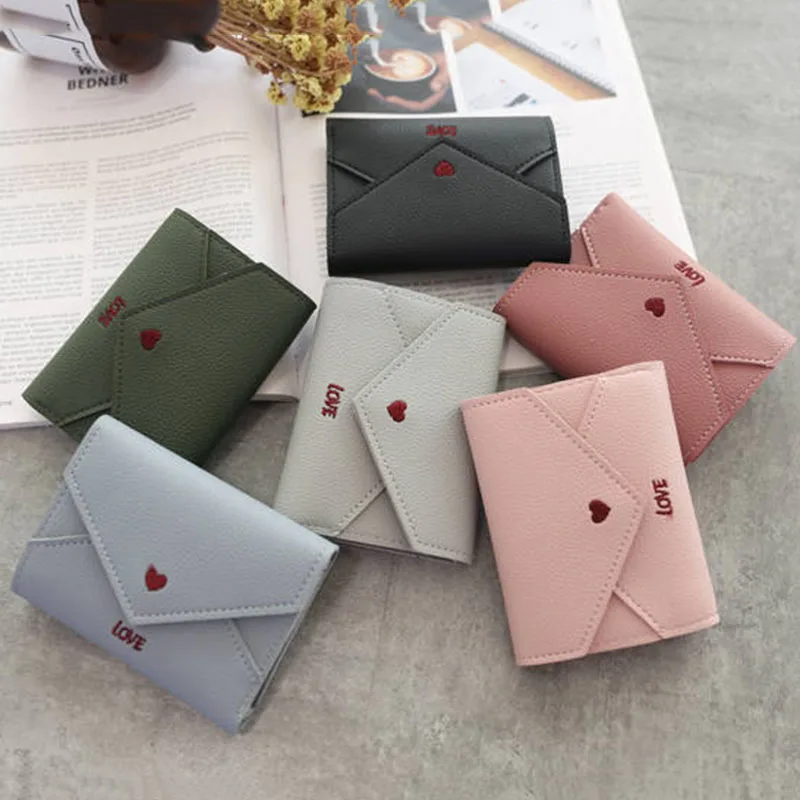 

Fashion Love Heart Pattern Women Wallet PU Leather Embroidery Short Wallets Card Holders Clutch Female Multi-function Carteras