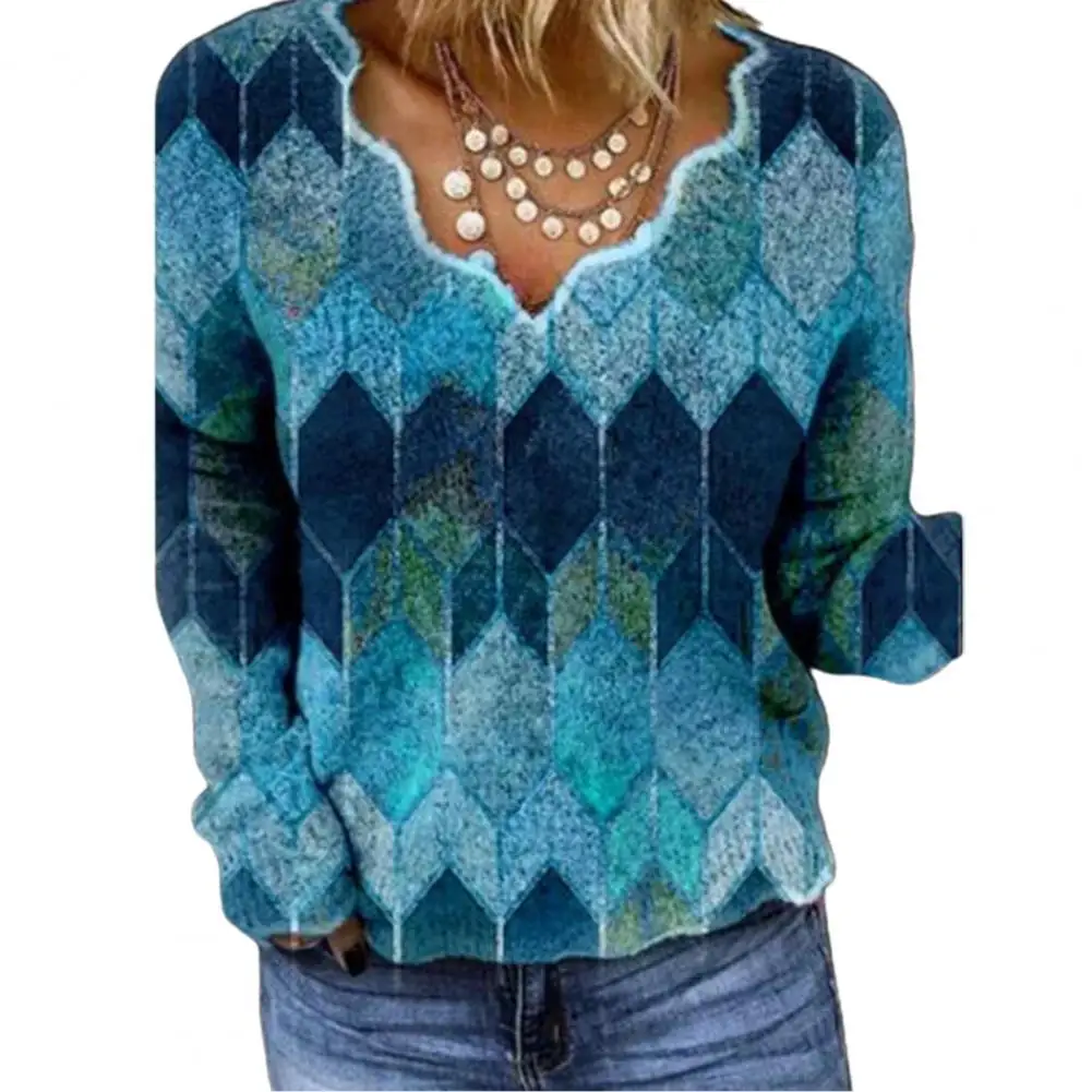 

Women Fashionable Long Sleeve V Neck Geometry Floral Print Leisure Blouse Top