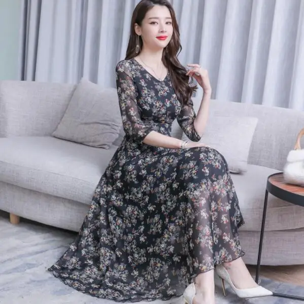 V Neck Chinese Print floral dress Women Short Sleeve plus size party A Line Maxi Chiffon elegant vintage Loose Dress DV352 | Женская