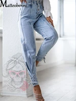 womens casual pant elastic high waist denim trousers distressed ripped skinny leg jeans fashion ladies slim lace up long pants