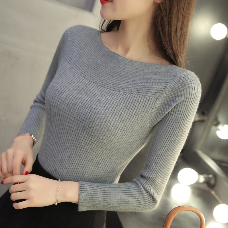 

Autumn And Winter Korean Women Collar Sweater All-match Long Sleeved Shirt Slim O Neck Female Thread Tight Pullover