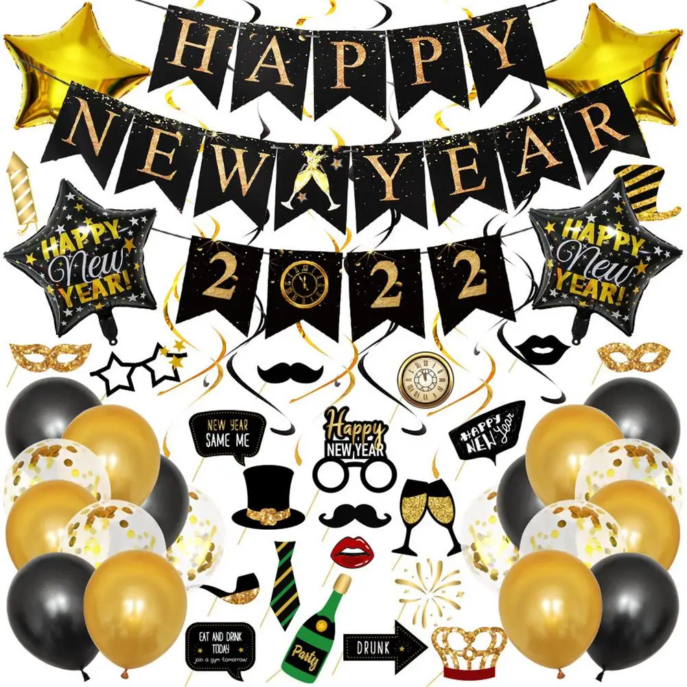 New Year Party Supplies 2022 Party Decorations New Year Banner Set Photo Props Balloon Decoration Set For 2022 New Year