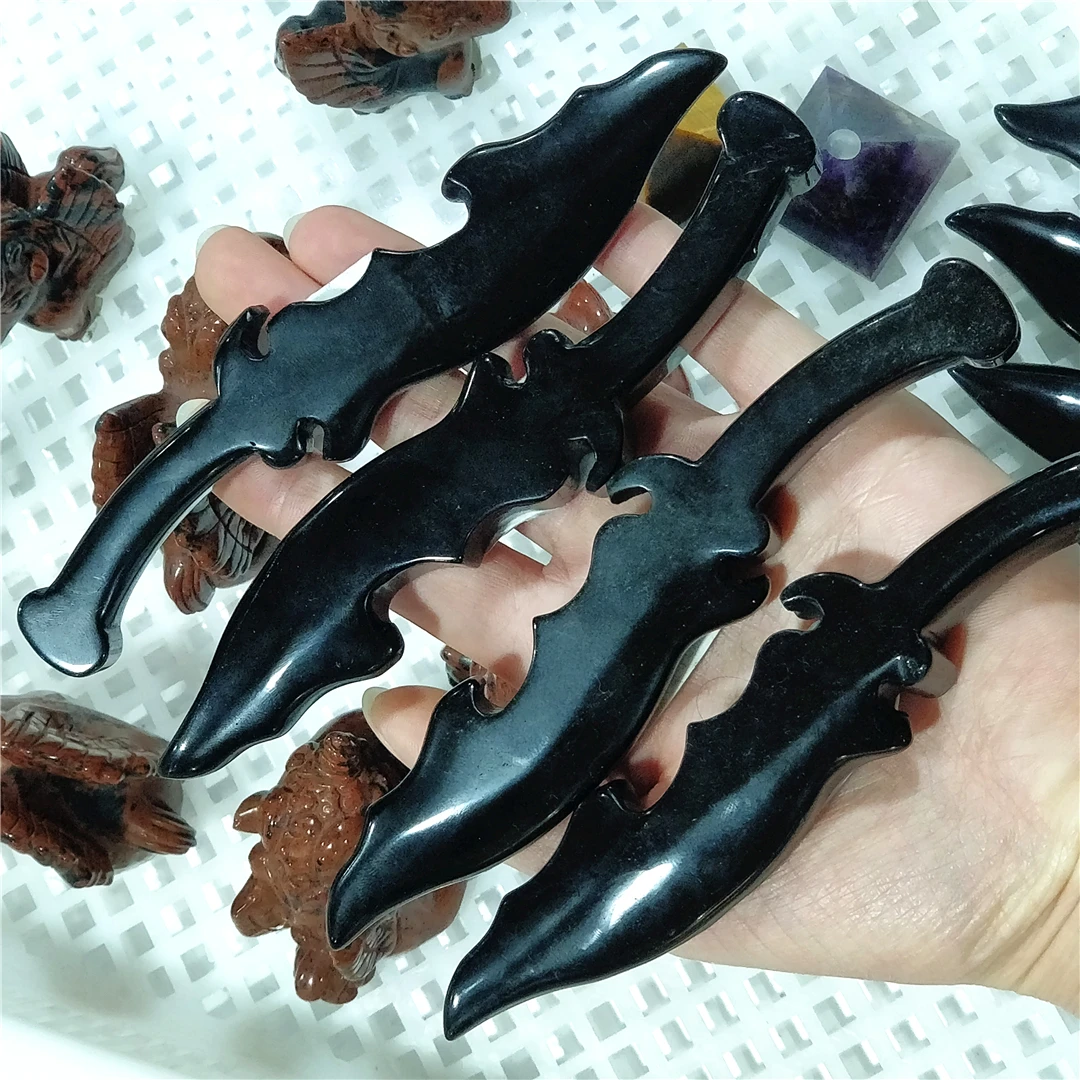 

Natural Black Obsidian Crystal Protection Stone Hand Carved Dagger Folk Crafts Men Gifts Magic Talisman And Sword Witch Supplies