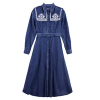 denim dress for women spring elengant slim a line dress embroidery turn down collar vintage long dress with belt