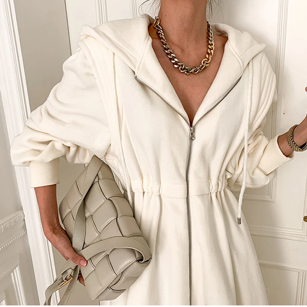 

Oversize Spring Autumn Hooded Jackets Women Korean Women Zipper Cardigan Woolen Coat Windproof Long Outerwear Women Clothes 2021