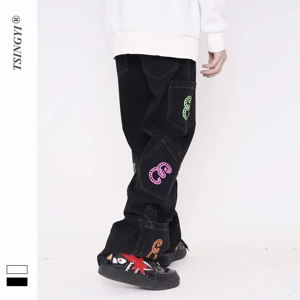 New Retro Multi Pocket Embroidery Letters Straight Jeans Men Women Oversize Baggy Denim Pants White Harajuku Streetwear Trousers