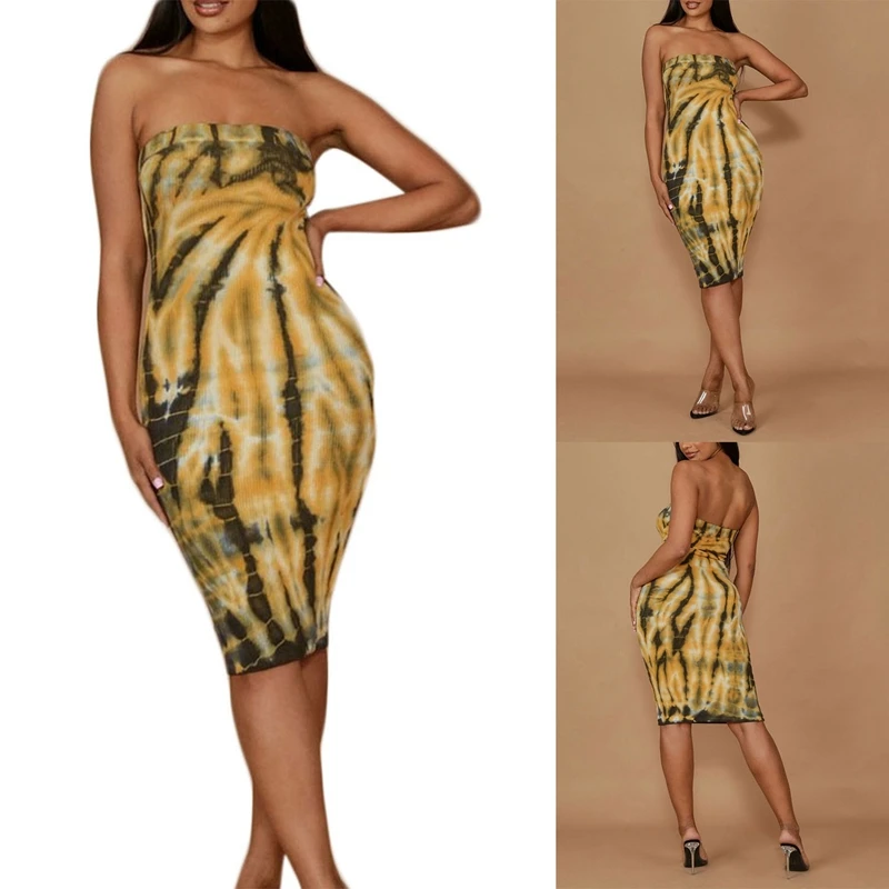 

Women's Sexy Casual Fashion Yellow Striped Printed Wrapped Chest Long Skirt Cropped Skirt Yellow