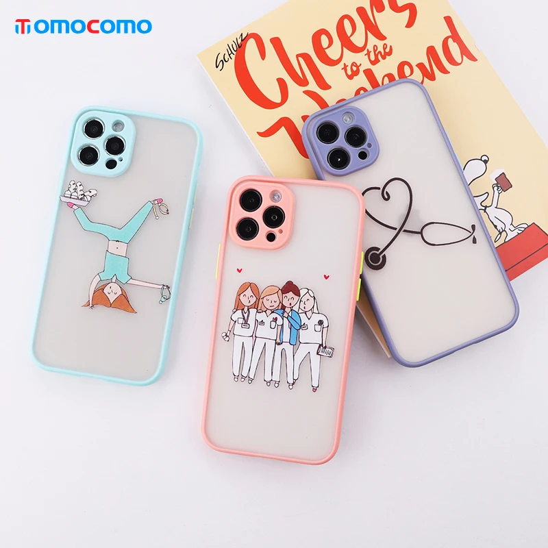 

Cartoons Nurse Doctor Camera Lend Protection Phone Case For iPhone 11 12 Pro Max XR XS X 8 7 Plus Matte Shockproof Phone Coque