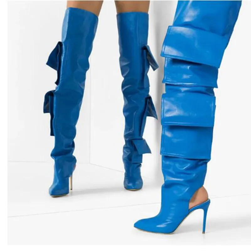Синие кожаные женские ботинки с вырезами в стиле пэчворк высокие сапоги выше