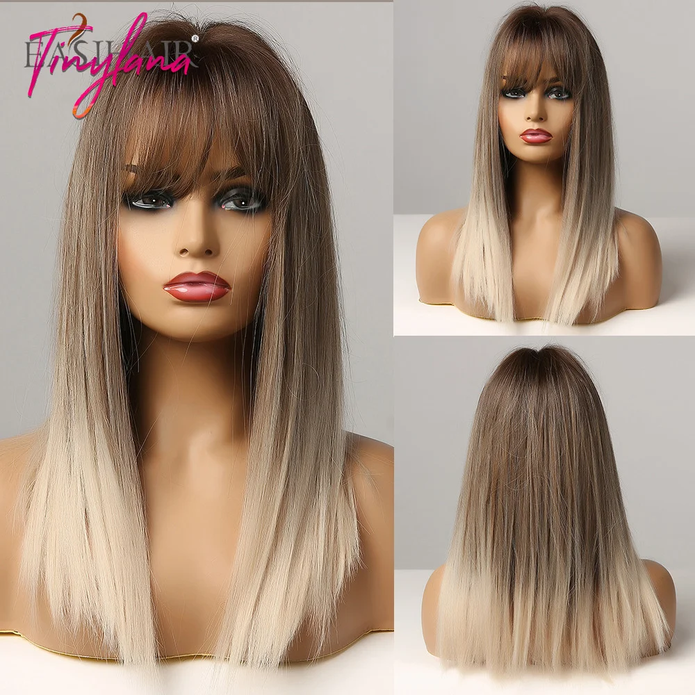 Крошечные Синтетические длинные прямые парики Лана с челкой Омбре коричневые