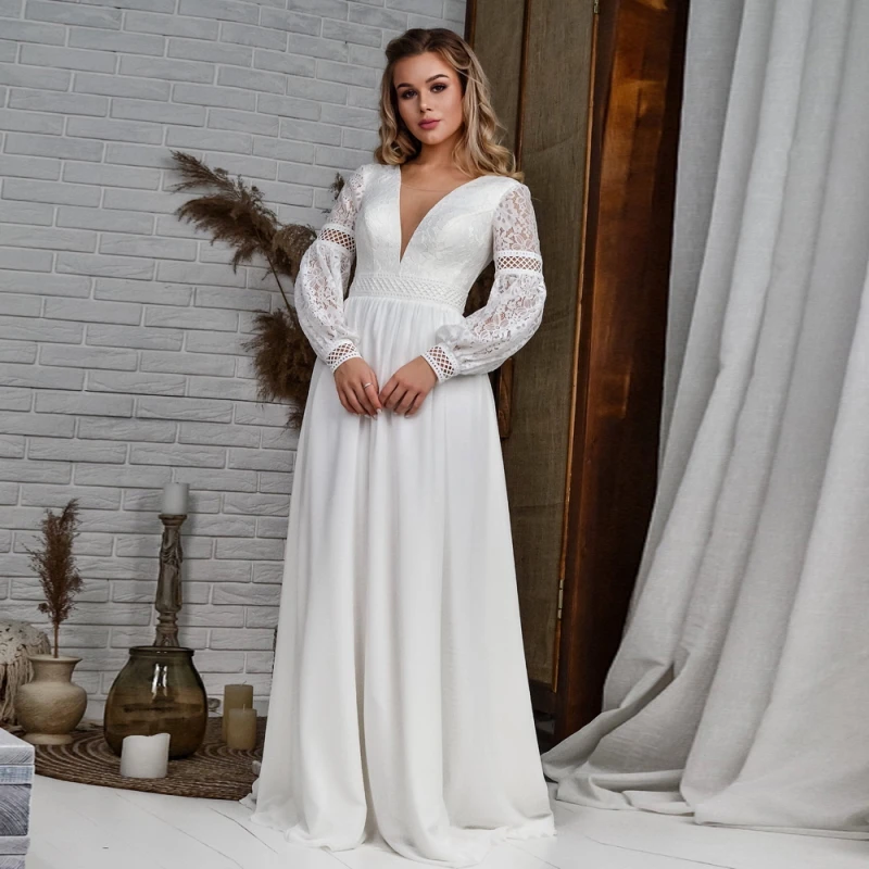 

Wedding Dress V-Neck Backless Lace Up Beach Bridal Dress Sweep Train Long Sleeve Bohemian Vestidos De Noiva Свадебное Платье