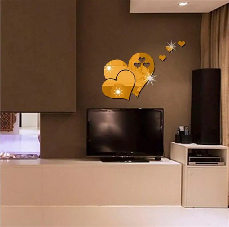 3D Хрустальные зеркальные настенные наклейки сердечки съемные самоклеющиеся DIY