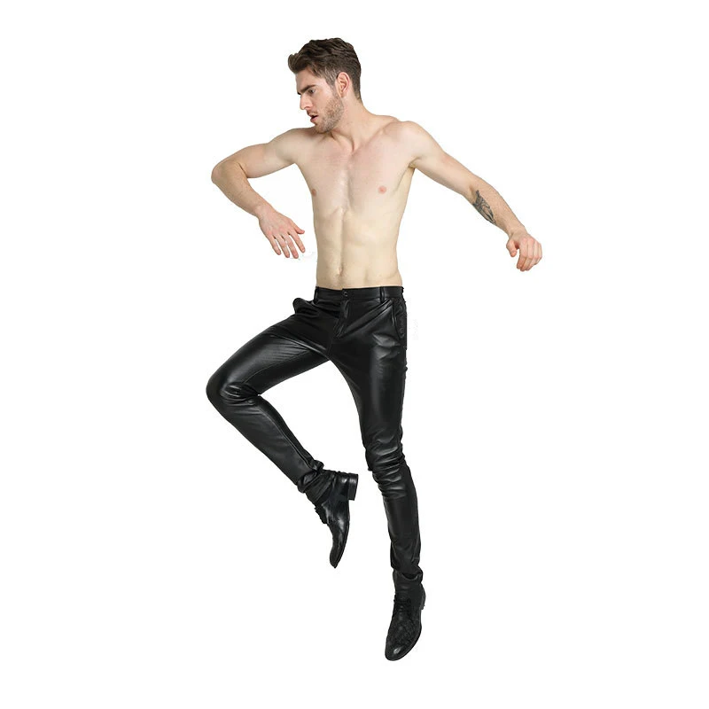 Мужские синие мотоциклетные брюки из искусственной кожи узкие для мальчиков