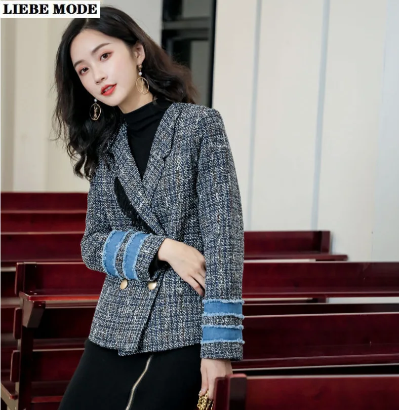 

Korean Denim Patchwork Coat Women Vintage Plaid Tweed Jacket Double Breasted Blazer Long Sleeves Ladies Elegant Suit Jackets