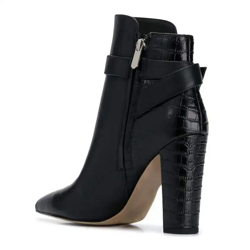 Black Patchwork Stone Print Buckle Strap Fashion Boots for Women Pointy Toe Square High Heel Work Shoes Booty Zip Size 46
