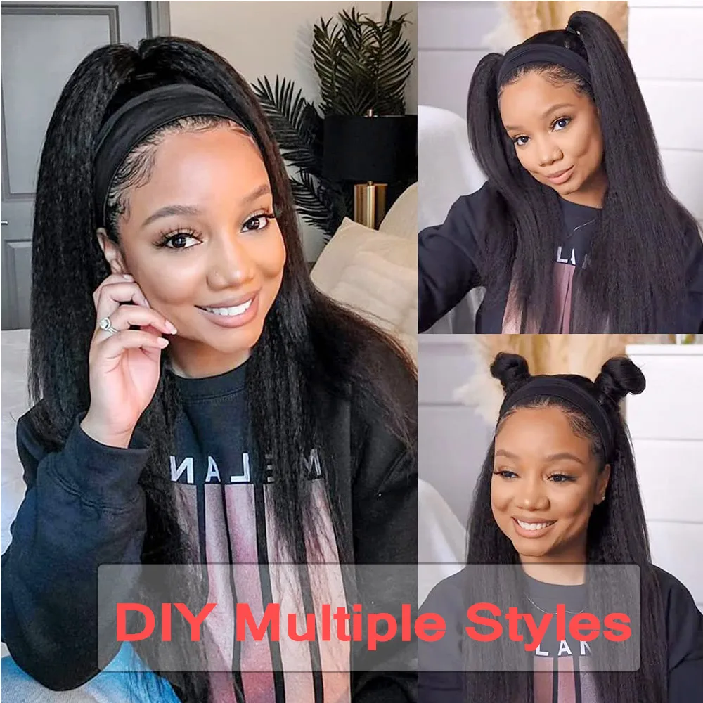 

Alororo Headband Wig Black Long Synthetic Wigs for Women Brown Kinky Straight Wig High Temperature Fiber Daily Wear Fake Hair