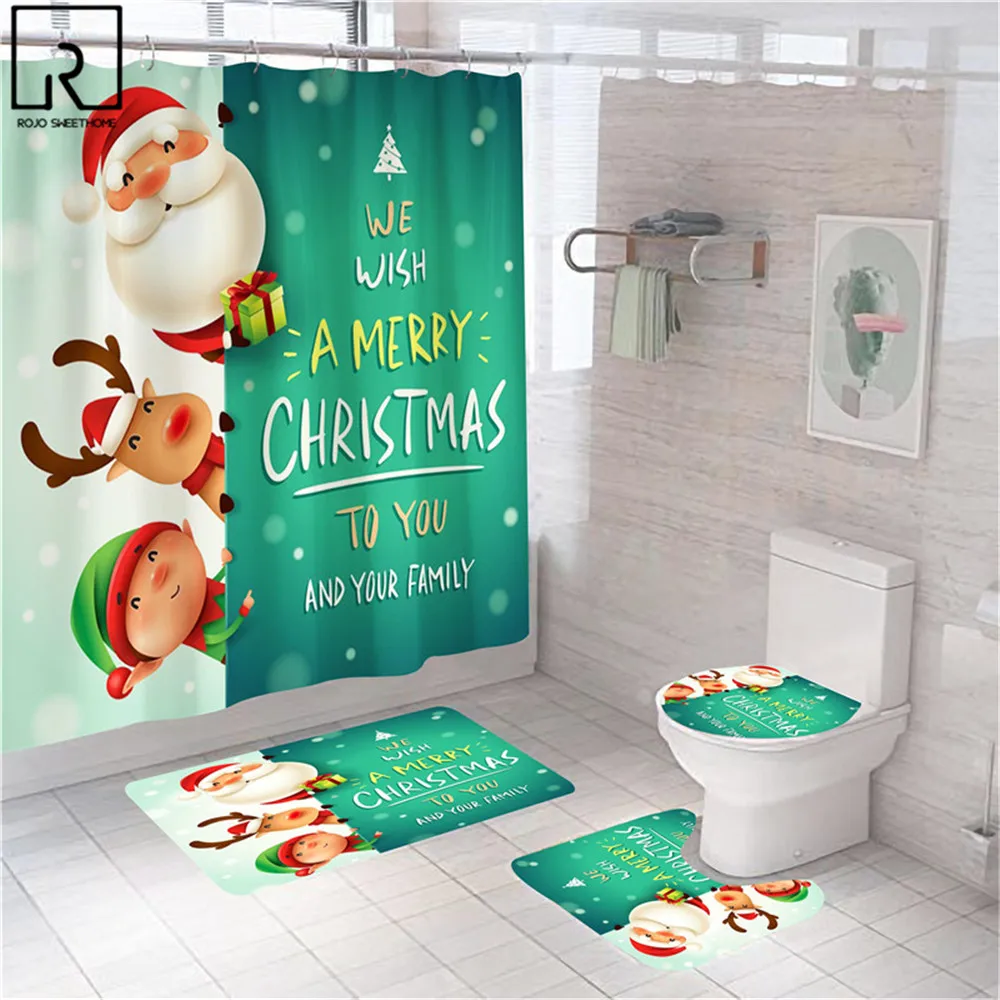 

Green Christmas Bath Curtain Waterproof 3D Print Fabric Shower Curtain Bathroom Carpet Set Decoration Mat Rugs Bathroom Curtain